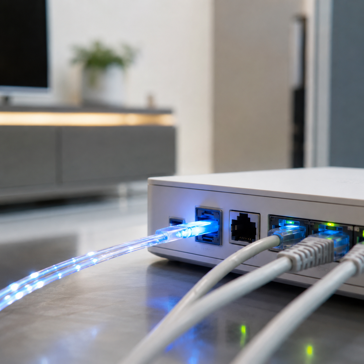 Mrežni usmjerivač s povezanim Ethernet kabelima